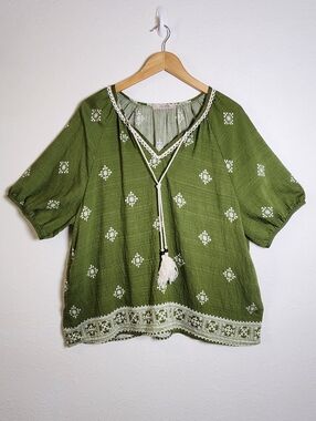 Vivilli Boho Aztec Tassel Top Tie Front V-neck Green Loose Peasant Blouse XL